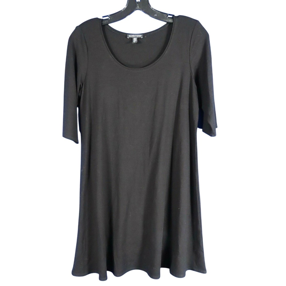EILEEN FISHER Black Jersey Knit VISCOSE SHORT DRESS Half Sleeve SWING A-LINE S